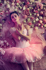 Image showing Young woman in pink ballet tutu surrounded by flowers