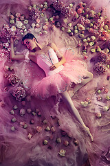 Image showing Young woman in pink ballet tutu surrounded by flowers