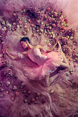 Image showing Young woman in pink ballet tutu surrounded by flowers