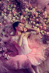 Image showing Young woman in pink ballet tutu surrounded by flowers