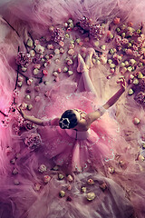 Image showing Young woman in pink ballet tutu surrounded by flowers