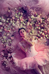 Image showing Young woman in pink ballet tutu surrounded by flowers