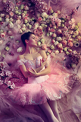 Image showing Young woman in pink ballet tutu surrounded by flowers