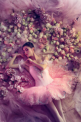 Image showing Young woman in pink ballet tutu surrounded by flowers