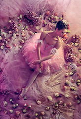 Image showing Young woman in pink ballet tutu surrounded by flowers