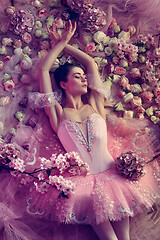 Image showing Young woman in pink ballet tutu surrounded by flowers