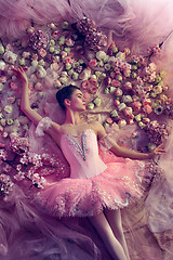 Image showing Young woman in pink ballet tutu surrounded by flowers