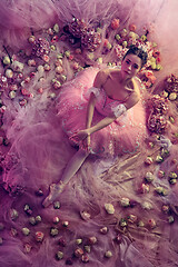 Image showing Young woman in pink ballet tutu surrounded by flowers