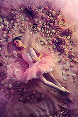 Image showing Young woman in pink ballet tutu surrounded by flowers