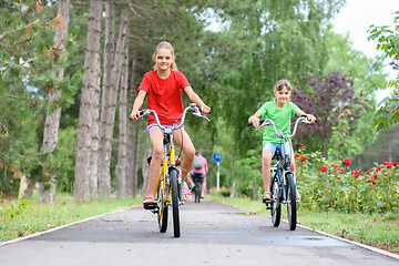 Image showing Two girls ride a bike on a bike path