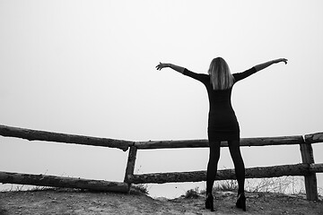 Image showing The girl spread her arms up while standing on the observation deck in an early foggy morning