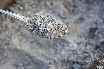 Image showing The spoon is filled with fresh ash after burning branches and grass in the garden