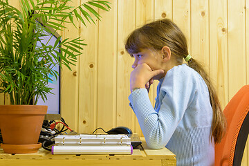 Image showing The girl thought hard while solving a problem in the computer