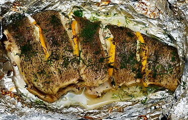 Image showing baked fish with lemon and dill