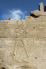 Image showing Ancient stone wall with Egyptian hieroglyphs in the Karnak Templ