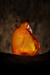 Image showing Beauty of natural raw amber. A piece of yellow opaque natural amber on large piece of dark stoned wood.