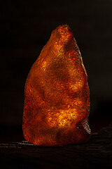 Image showing Beauty of natural raw amber. A piece of yellow-red transparent natural amber on piece of stoned wood