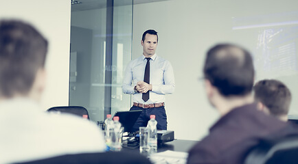 Image showing Team leader making presentation on corporate business meeting.