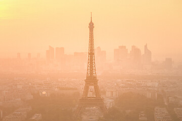 Image showing Aerial view of Paris with Eiffel tower and major business district of La Defence in background at sunset