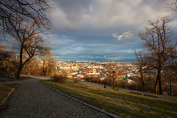 Image showing View from Petrin Park on Prague City at  sunset. Czech Republic.