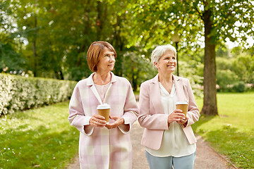 Image showing senior women or friends drinking coffee at park