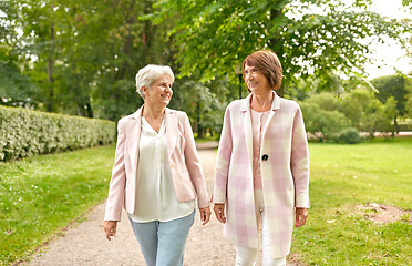 Image showing senior women or friends walking along summer park