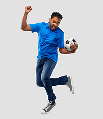 Image showing man or football fan with soccer ball jumping