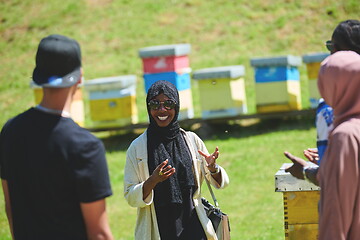 Image showing woman giving presentation to group of business investors on local honey production farm