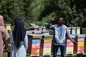 Image showing people group visiting local honey production farm