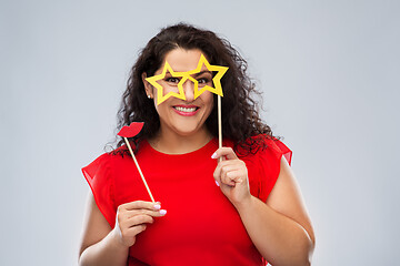 Image showing funny woman with star shaped glasses and red lips