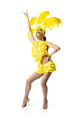 Image showing Beautiful young woman in carnival, stylish masquerade costume with feathers dancing on white studio background.