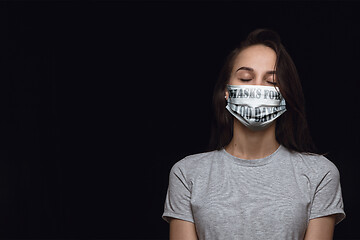 Image showing Woman wearing protective face mask with sign masks for 100 days in USA, America