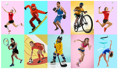 Image showing Sport collage about athletes or players. The tennis, running, badminton, rhythmic gymnastics, volleyball.