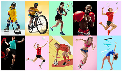 Image showing Sport collage about athletes or players. The tennis, running, badminton, rhythmic gymnastics, volleyball.