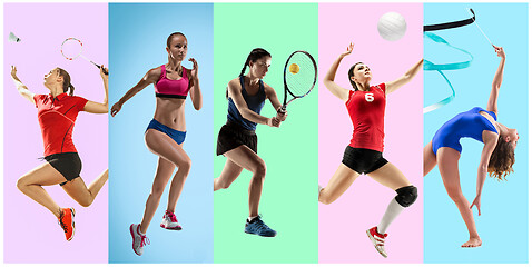 Image showing Sport collage about female athletes or players. The tennis, running, badminton, rhythmic gymnastics, volleyball.