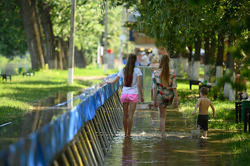 Image showing Special water barriers to prevent flood caused by river spill after heavy rains set in Vadul lui Voda beach area