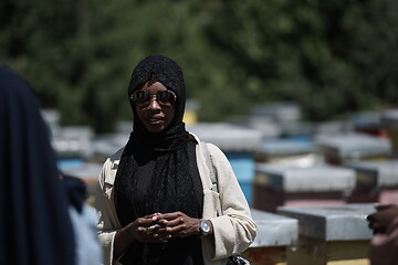 Image showing african muslim businesswoman portrait on small local honey production farm