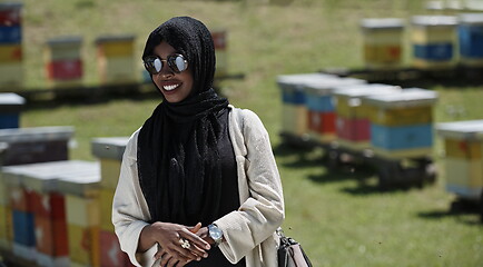 Image showing african muslim businesswoman portrait on small local honey production farm