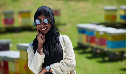 Image showing african muslim businesswoman portrait on small local honey production farm