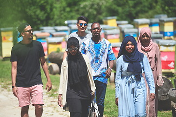 Image showing people group visiting local honey production farm