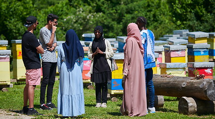 Image showing woman giving presentation to group of business investors on local honey production farm