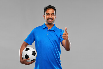 Image showing football fan with soccer ball showing thumbs up