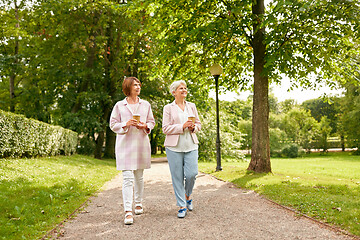 Image showing senior women or friends drinking coffee at park
