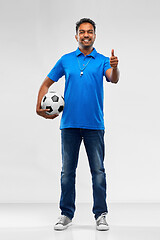 Image showing football fan with soccer ball showing thumbs up