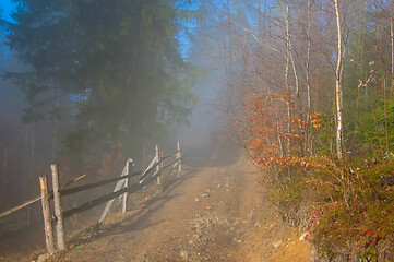 Image showing Countryside road trough misty forest