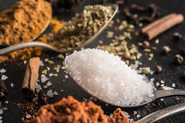 Image showing Various spices spoons