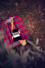 Image showing top view of man using a laptop computer under the tree