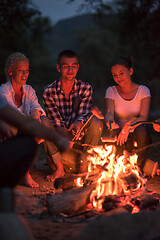 Image showing young friends relaxing around campfire