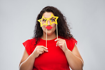 Image showing funny woman with star shaped glasses and red lips