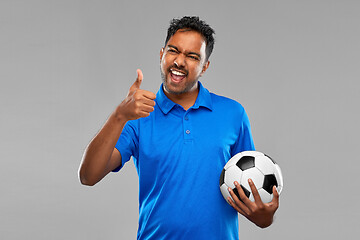 Image showing football fan with soccer ball showing thumbs up